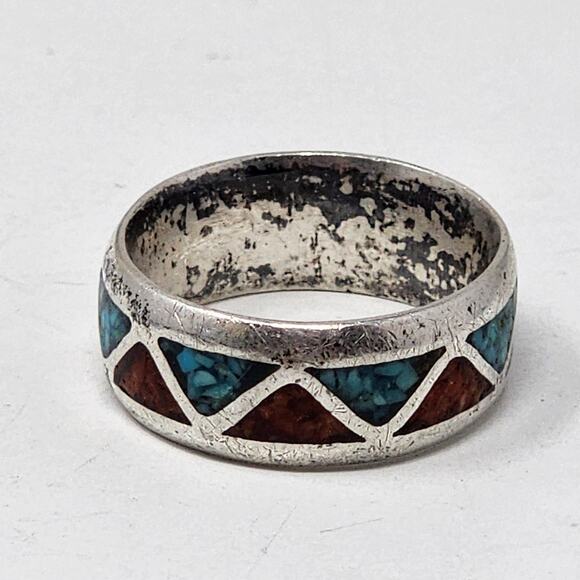 Vintage Sterling Silver Genuine Turquoise & Coral Navajo Native American Ring - Picture 1 of 4